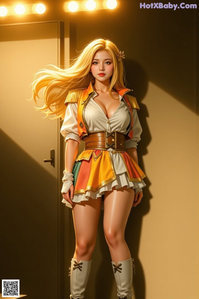 A woman in a costume standing in front of a door.