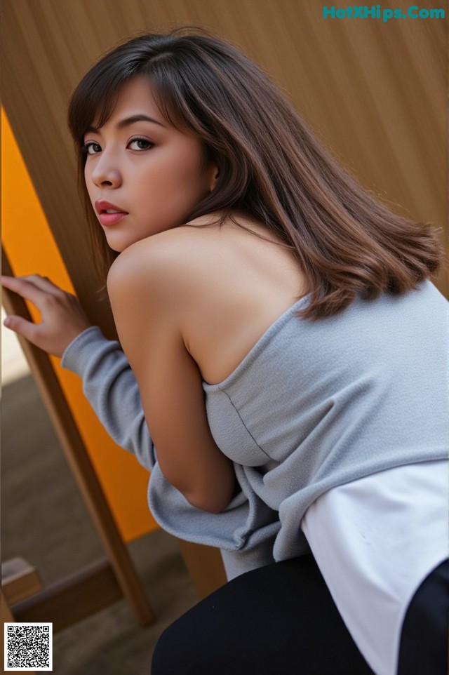 A woman leaning against a wooden wall with her back to the camera.