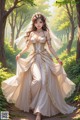 A woman in a wedding dress walking through a forest.