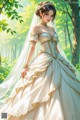 A woman in a wedding dress standing in the woods.